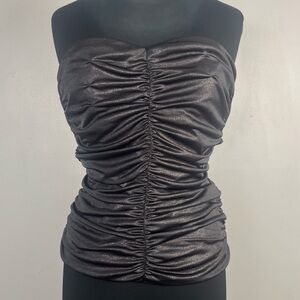 New express strapless ruched dark grey silver sheen top size medium
